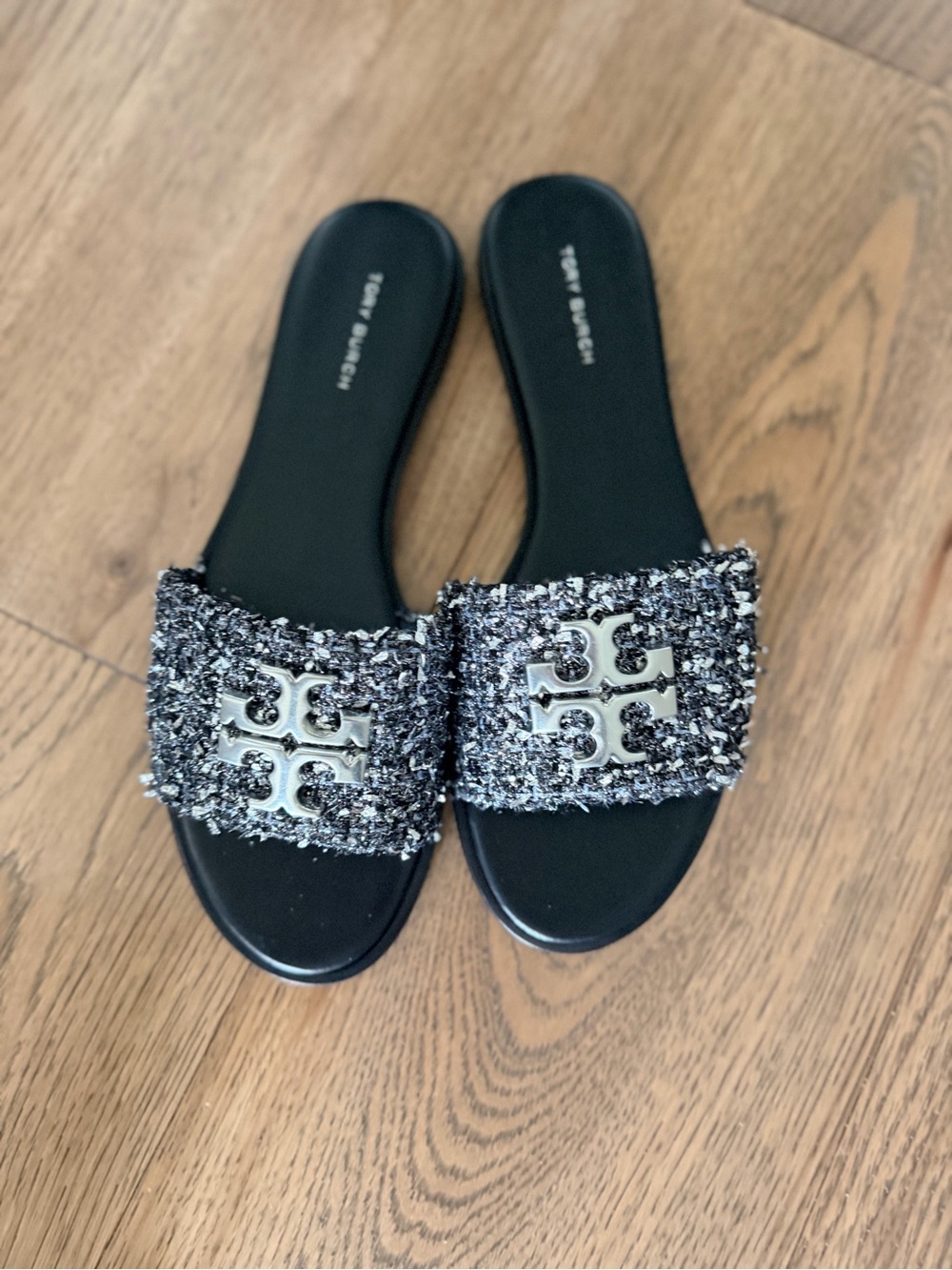 Tory Burch Black & Silver Tweed Logo Slide Sandals
